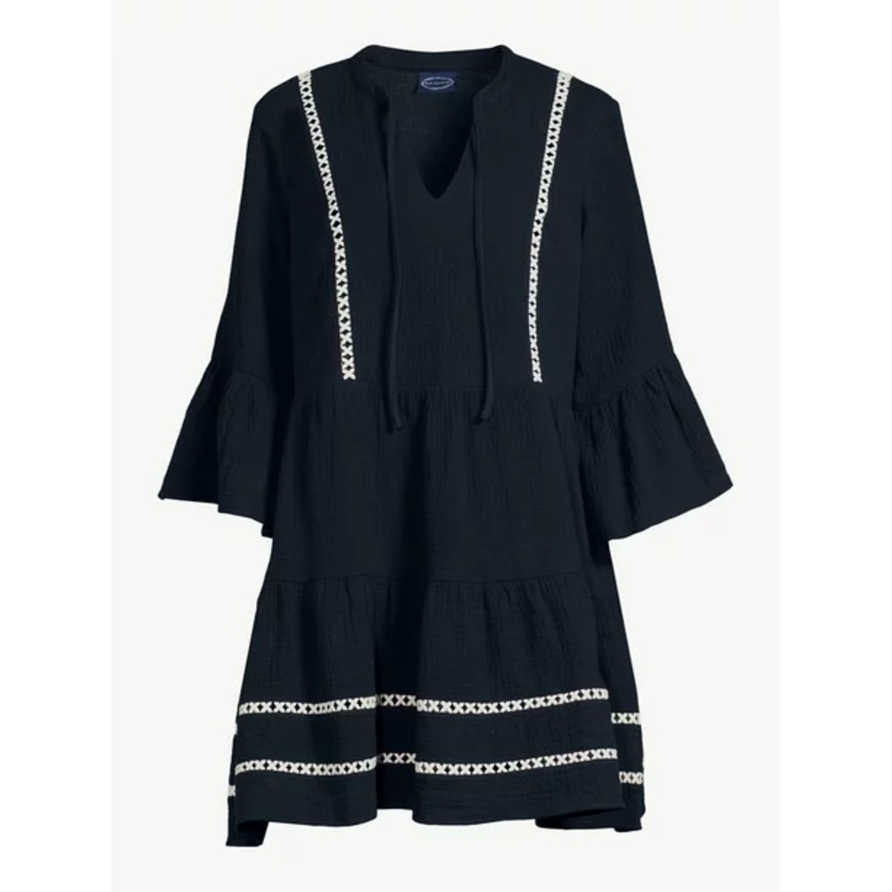 Scoop Women's Lace Trimmed Mini Dress with ¾ -Length Sleeves